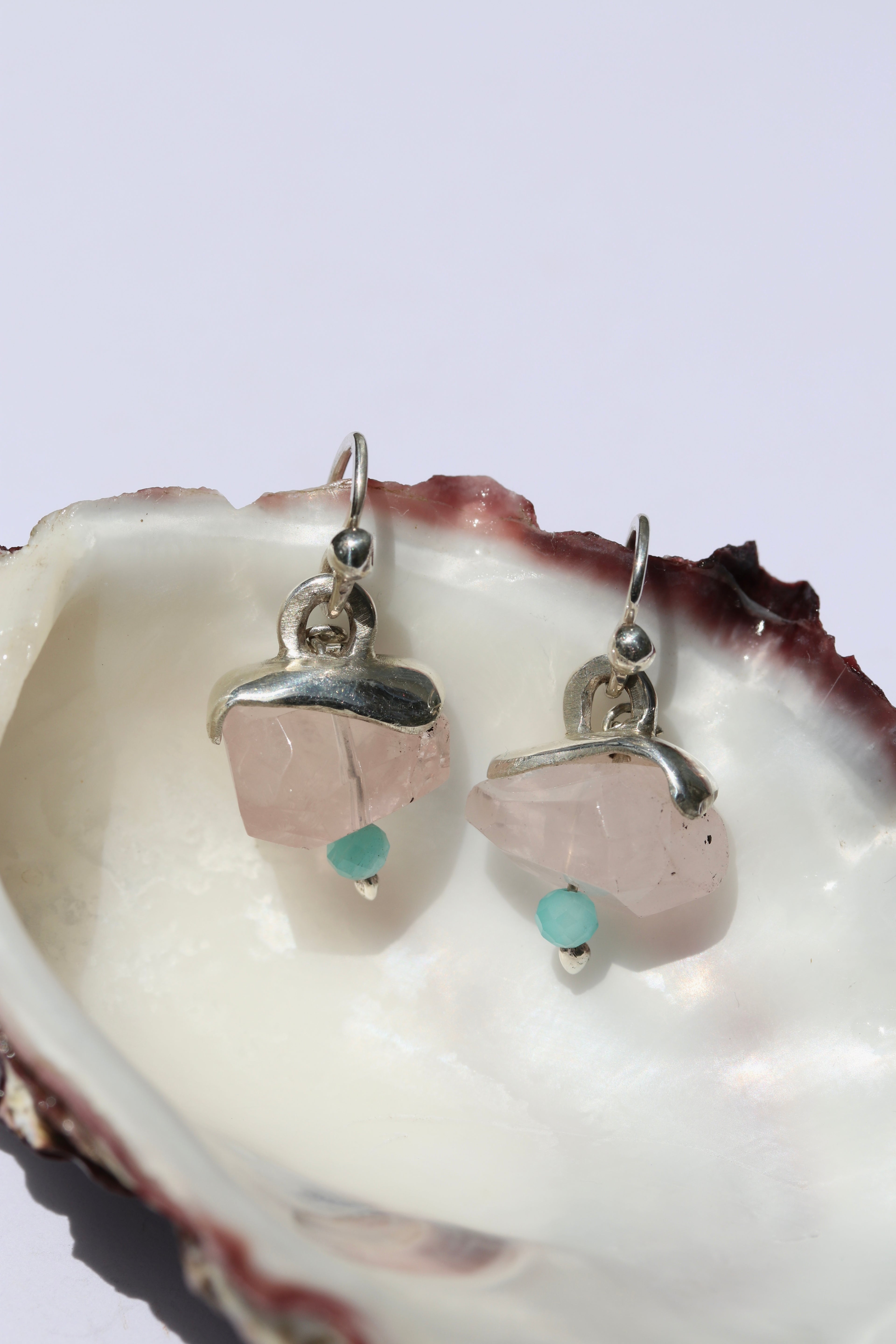 Rose Quartz and Aqua Silver Hanging Earrings