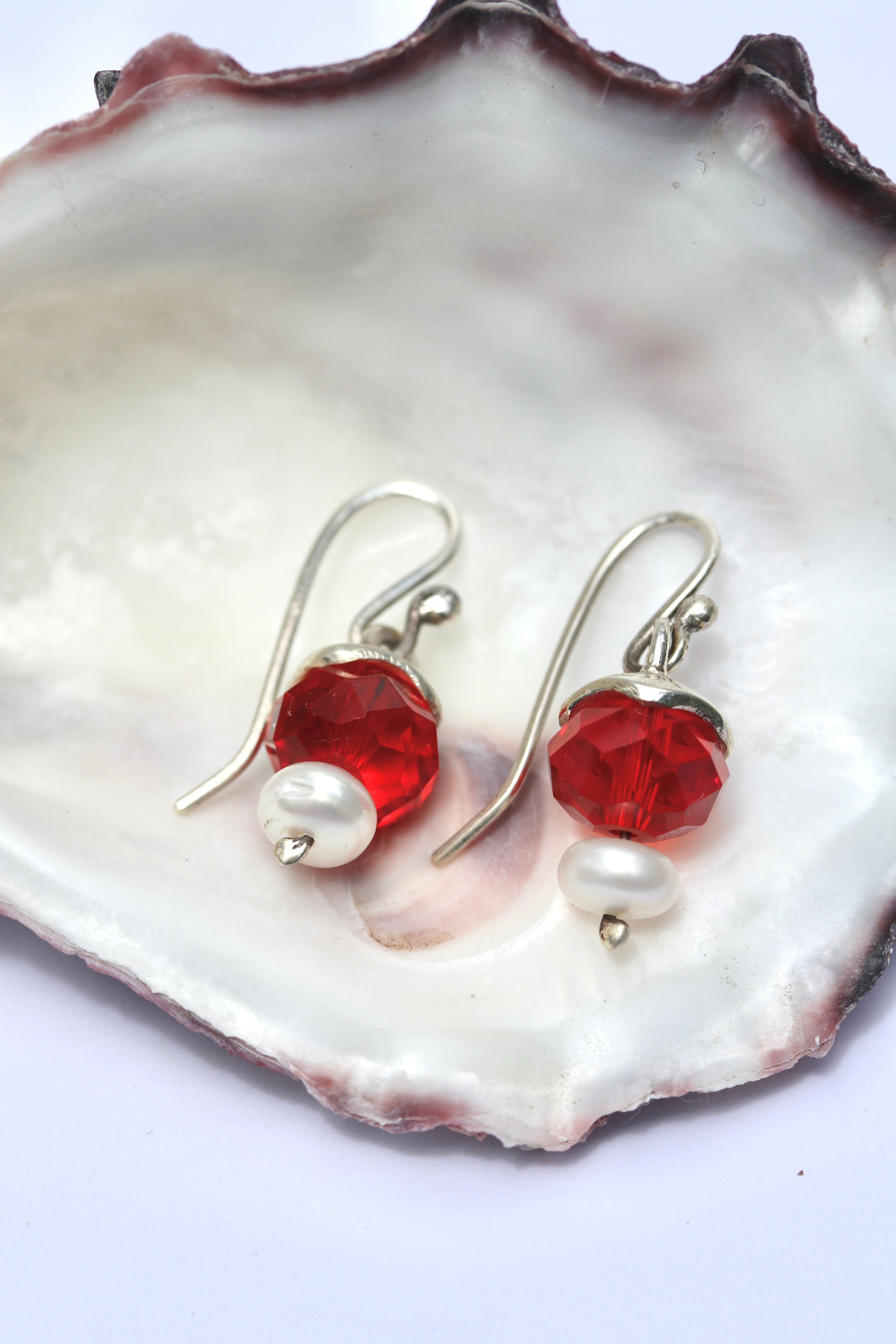 Silver, Red Quartz & Pearl Drop Earrings