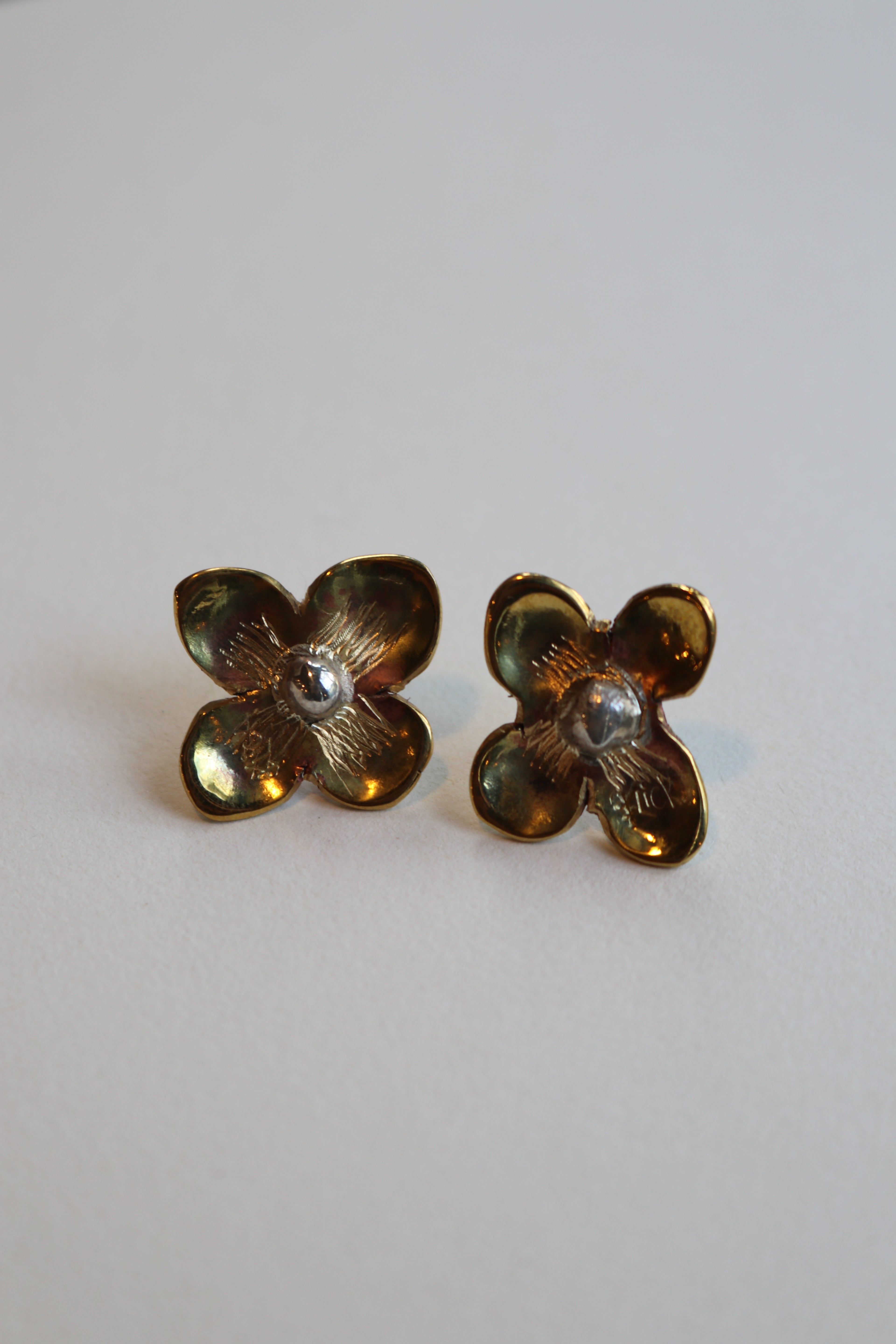Daisy Flowers Brass and Silver Stud Earrings