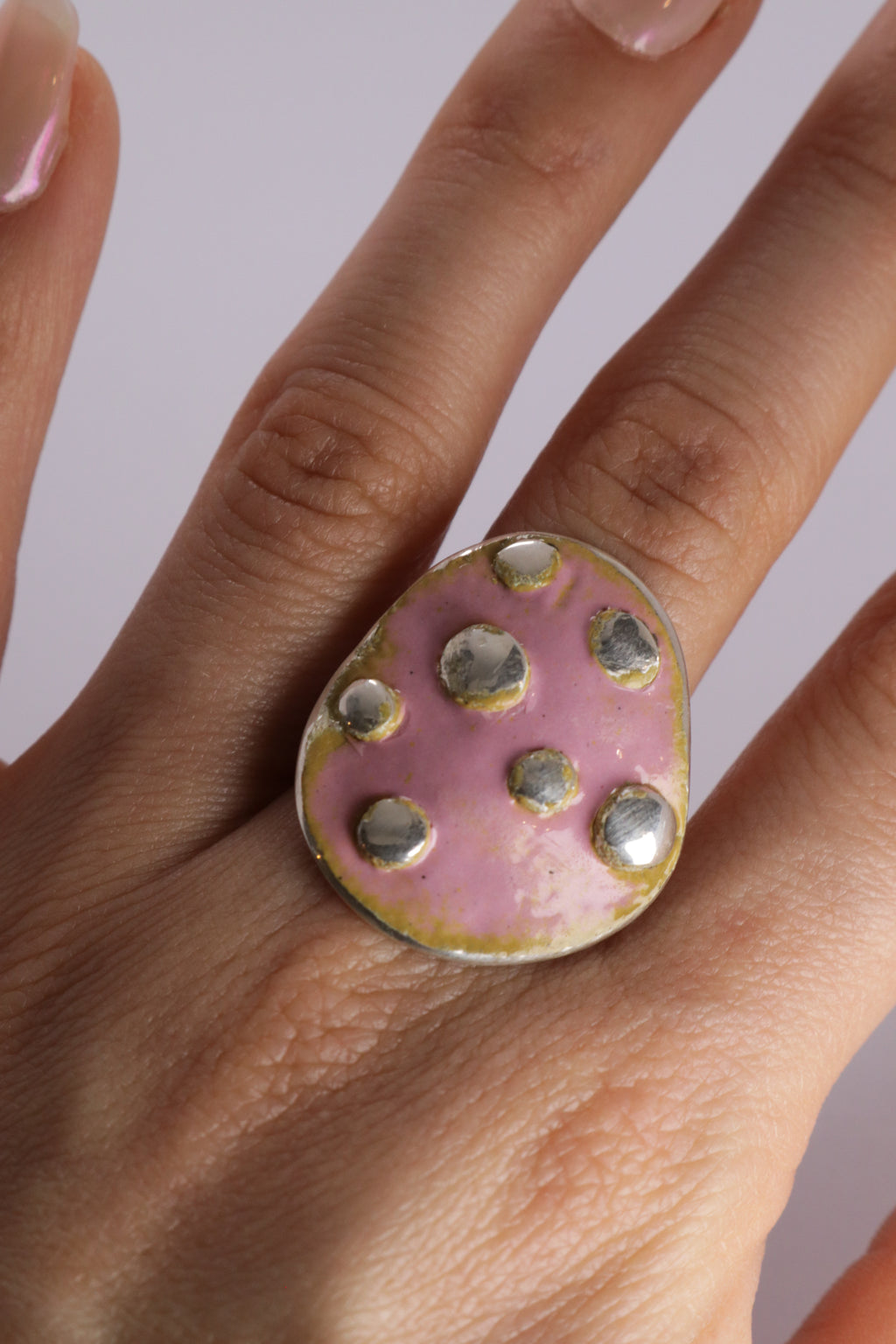 Pink Enamel Spotty Ring, Sterling Silver