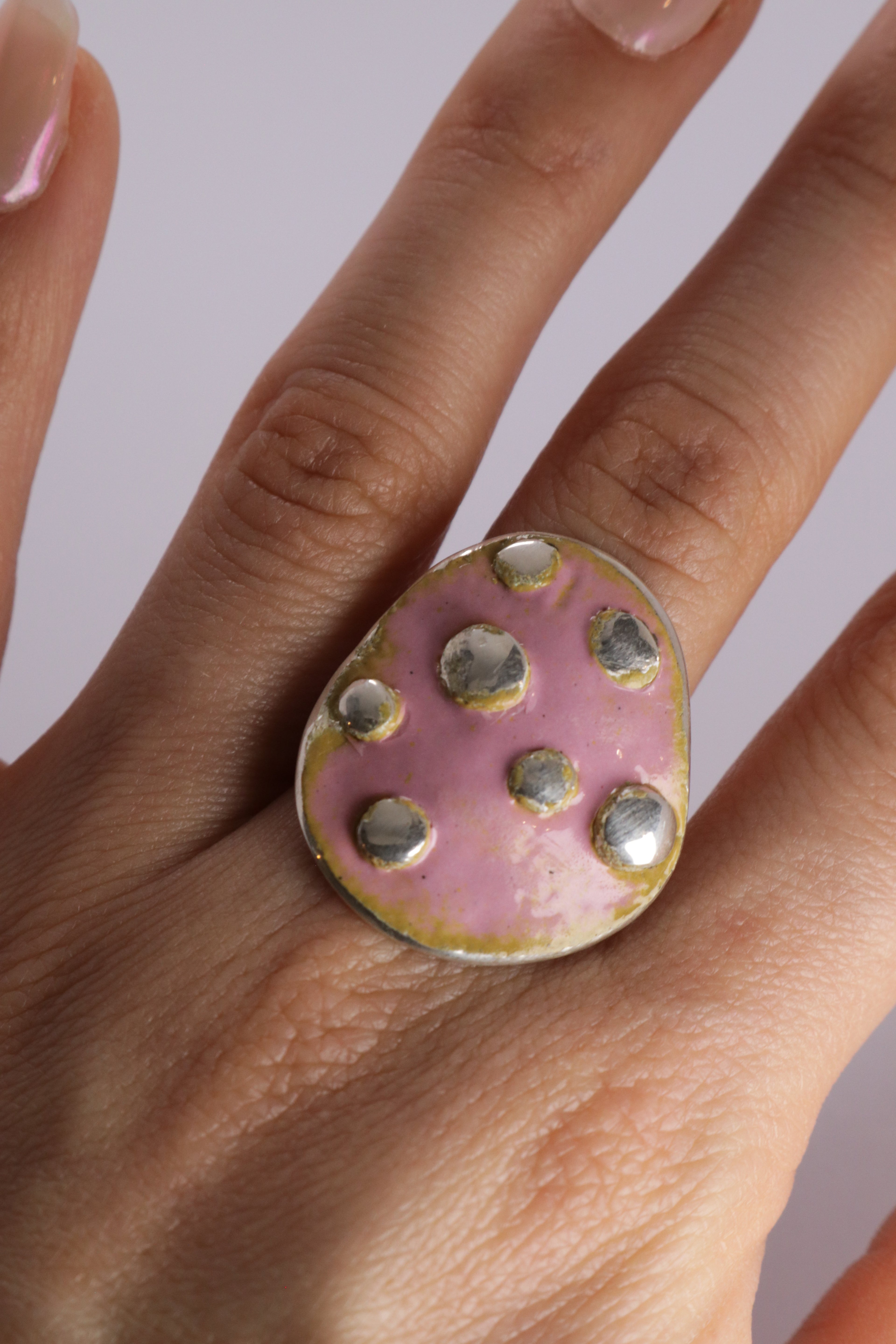 Pink Enamel Spotty Ring, Sterling Silver