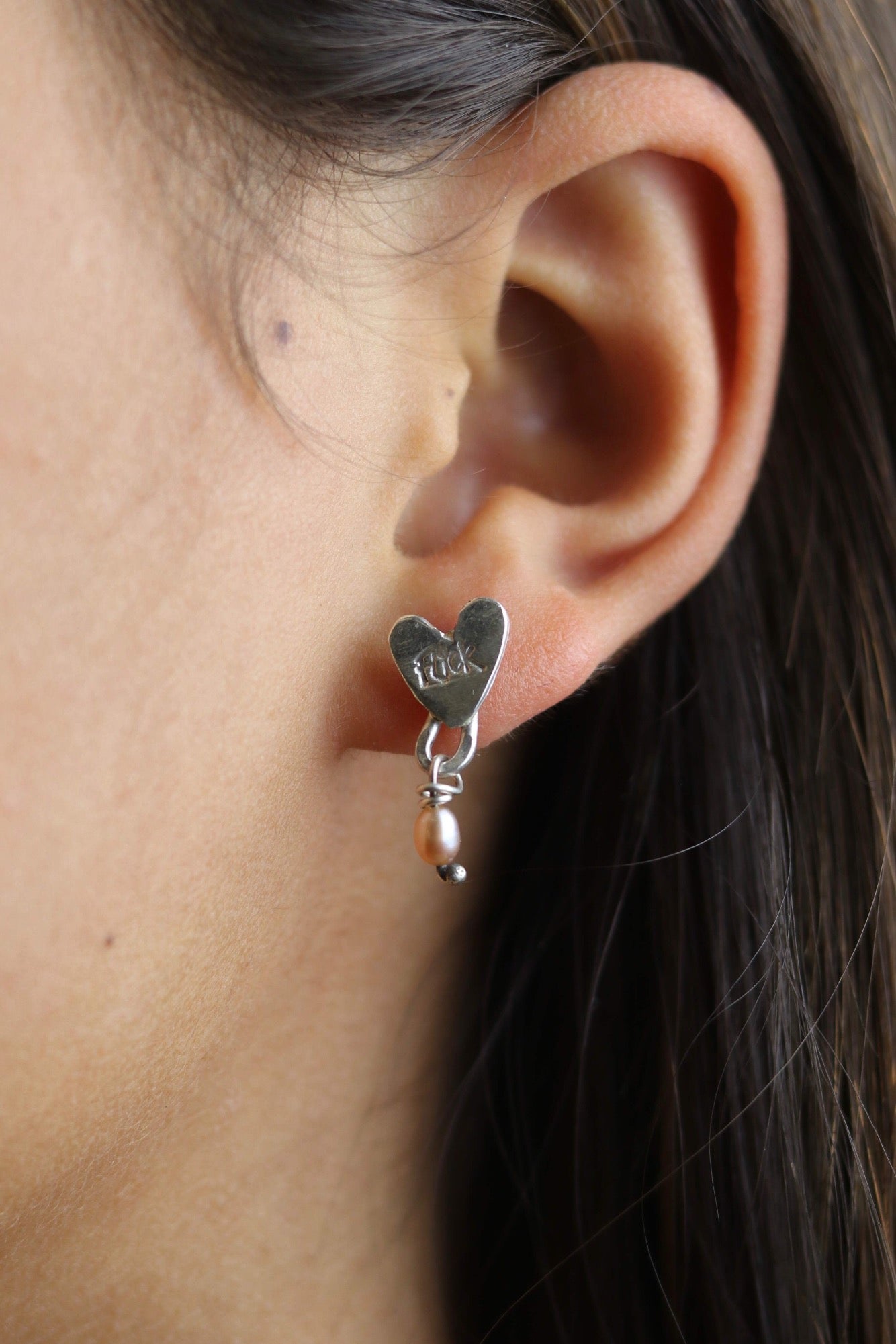 Silver Heart Stud, Silver and Rose  Pearl