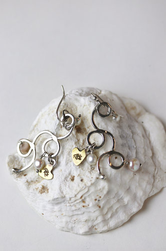 Doodad Earrings with Small Pearls and Brass Heart