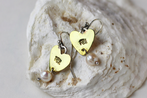 Flick Heart and Pearl Earrings, Brass, Silver & Fresh Water Pearl