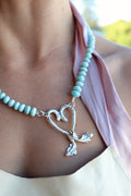 Aqua Turquoise Neckpiece with Silver, Gold  Heart and Sea Pearls