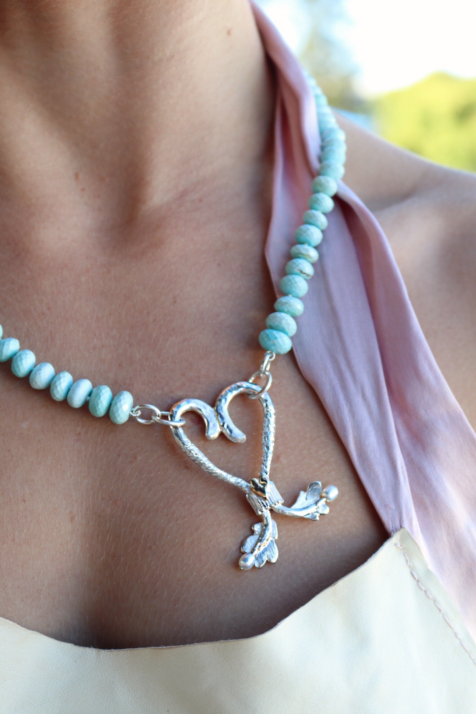 Aqua Turquoise Neckpiece with Silver, Gold  Heart and Sea Pearls