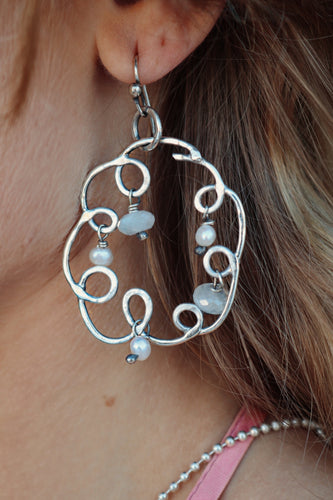 Moonflower Hoop Earrings with Moon Stones and Pearls